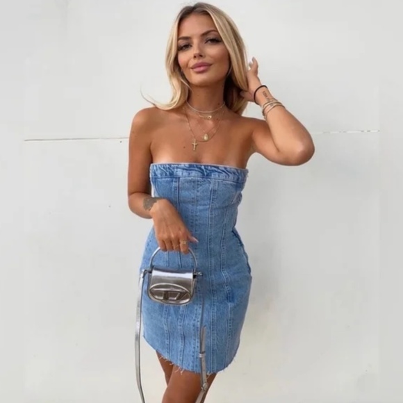 zara denim strapless dress ZARA NWT WOMAN TRF STRAPLESS DENIM MIDI DRESS NAVY BLUE | 3643/241